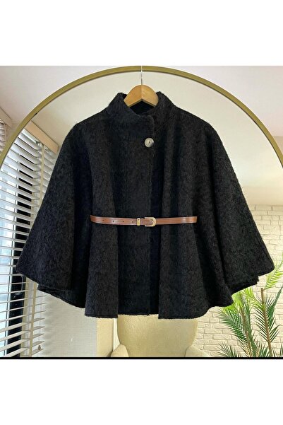 Bahar Altundemir Kadın Kemerli Astarlı Oversize Yarasa Kol Yünlü Kısa Siyah Panço
