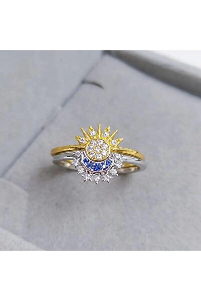 bijoux uniques çelik zirkon taşlı ay güneş ayarlamalı yüzük