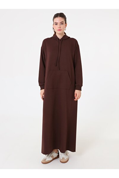 Benin Kangaroo Pocket Hooded Hijab Dress - Brown -
