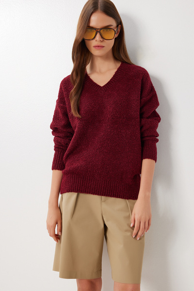 Lovelyİstanbul V Yaka Yumuşak Dokulu Triko Kazak LCI0038 BORDO