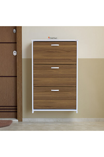 Modilayn MİRA Ceviz 72 X 112 X 25,5 cm Düşer Kapaklı 3 Katlı Ayakkabılık -Ceviz