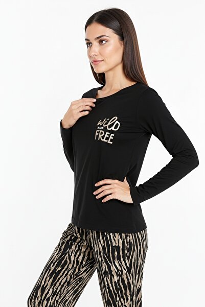 Bravie Elite Viscose Long Pajama Set with Six Brown Zebra Patterns with Writing on the Top Black 3553