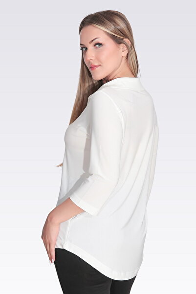 TOLGA SARAÇOĞLU 10692 Ecru Polo Neck Three-Quarter Sleeve Knitted Blouse