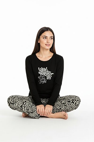 Bravie Elite Viscose Long Pajama Set with Six Patterns and Writing on the Top Black 3557