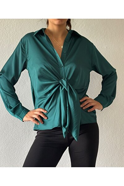 DİMA Woven Satin Long Sleeve Tie-Up Shirt