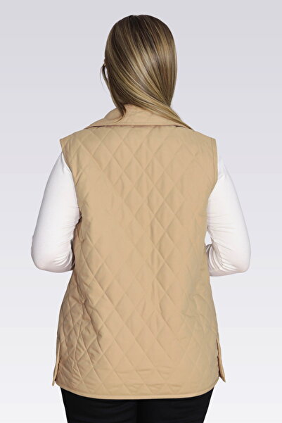 TOLGA SARAÇOĞLU 70043 Beige Plaid Lining Detail Lightweight Fiber Quilted Vest
