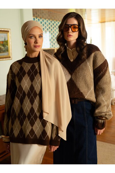 Benin Yarım Balıkçı Yaka Rahat Kesim Triko Kazak - Baklava Desenli -