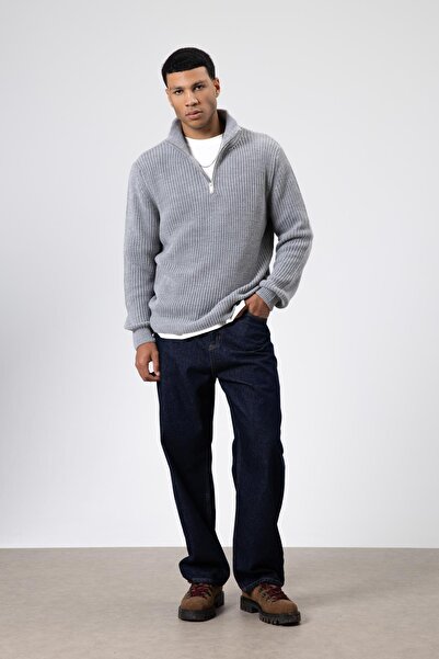 VAMOSCLO Zippered Knitted Sweater Gray Melange