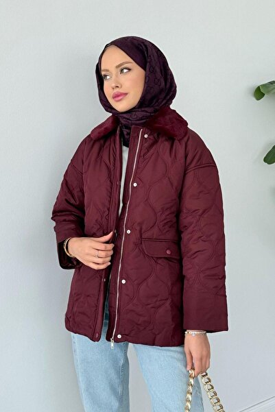 Hazamoda Azem Fur Detailed Coat Burgundy