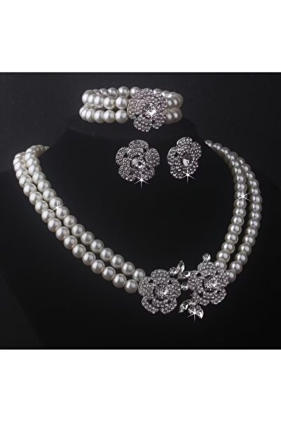 Enanice Pearl Necklace Earrings Bracelet Set