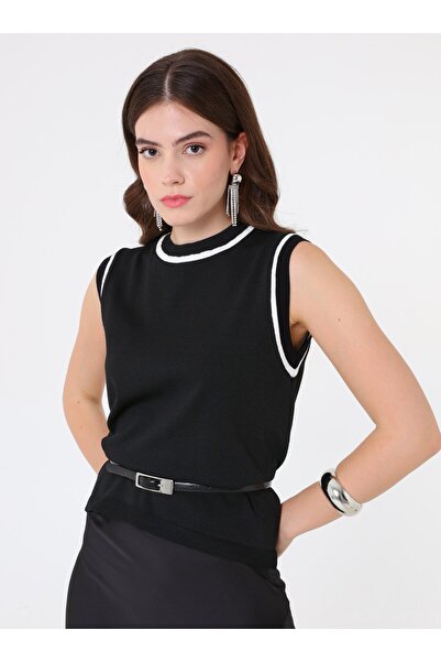 Refka Γυναικείο μπλουζάκι αμάνικο πλεκτό με λεπτομέρεια αντίθεσης - Μαύρο -