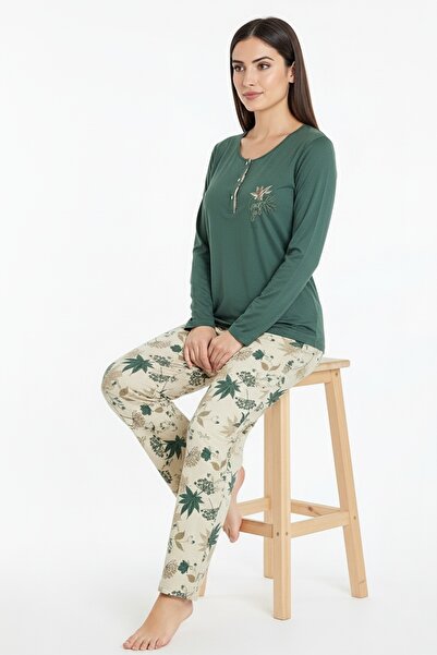 Bravie Σετ μακριά πιτζάμα από βισκόζη Elite με σχέδια έξι φύλλων με κείμενο στο επάνω μέρος Πράσινο 3565