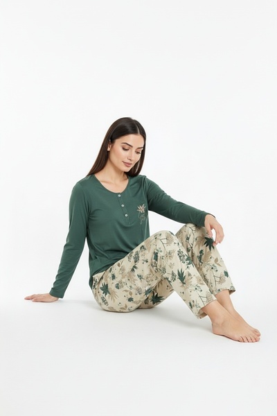 Bravie Elite Viscose Long Pajama Set with Six Leaf Pattern and Text on Top Green 3565