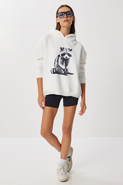 Lovelyİstanbul Πλεκτό φούτερ με κουκούλα με στάμπα LUB0258 EKRU