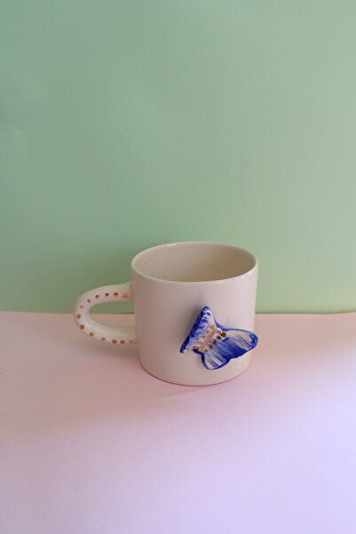 sukupotCeramics Handmade Mug with Blue Butterfly and Gold Detail