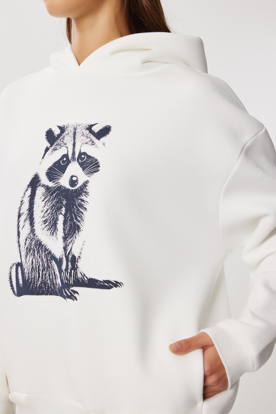 Lovelyİstanbul Πλεκτό φούτερ με κουκούλα με στάμπα LUB0258 EKRU