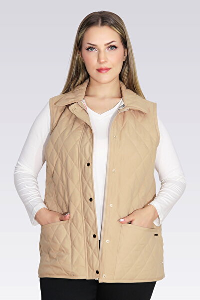 TOLGA SARAÇOĞLU 70043 Beige Plaid Lining Detail Lightweight Fiber Quilted Vest