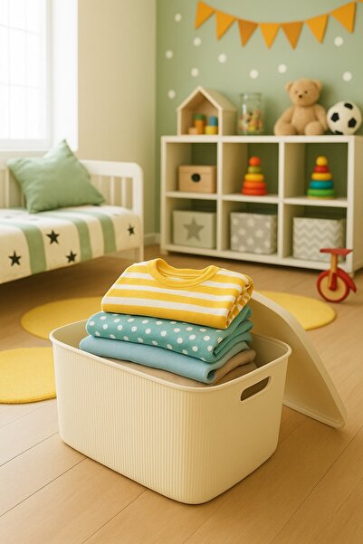 Bayev Colors Cream 2 Pieces 21 Lt Closet Organizer Organizer Toy Box Storage Box with Lid