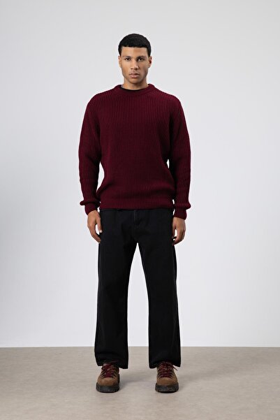 VAMOSCLO سترة تريكو كبيرة الحجم برقبة دائرية باللون الأحمر الداكن