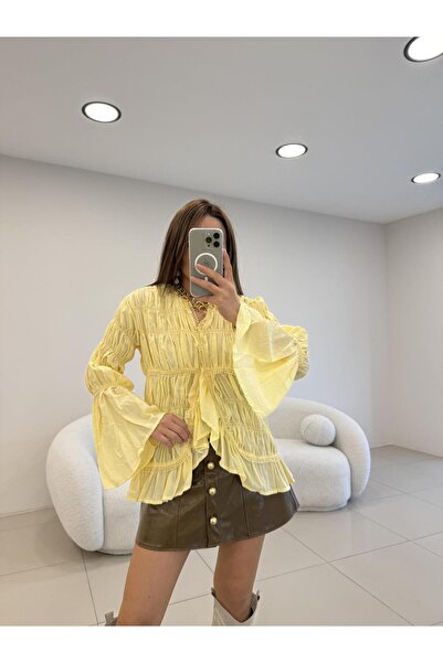 Şulenin Butiği GİPELİ NAKIŞ İŞLEMELİ GÖMLEK SARI
