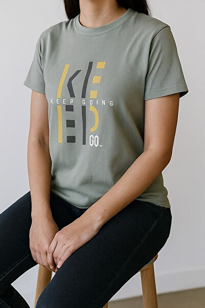 RANDOM Unisex Haki Bisiklet Yaka Baskılı Tişört