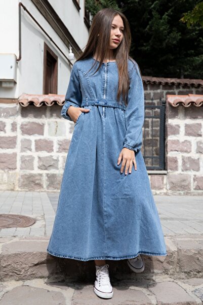 Cansın Mini Mavi Uzun Kollu Önü Fermuarlı Kız Çocuk Kuşaklı Jean Elbise 22741