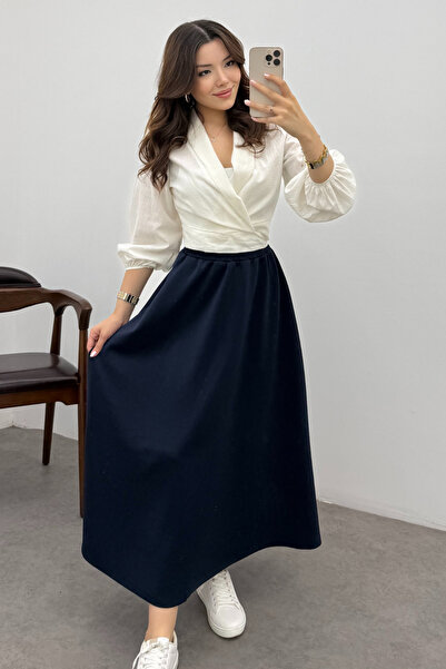 Bipantolon Women's Navy Blue Elastic Waist Scuba Flared Skirt