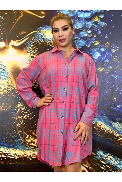 Yeşilmoda قميص تونيك نسائي منقوش بأكمام طويلة وأزرار باللونين الوردي والكريمي