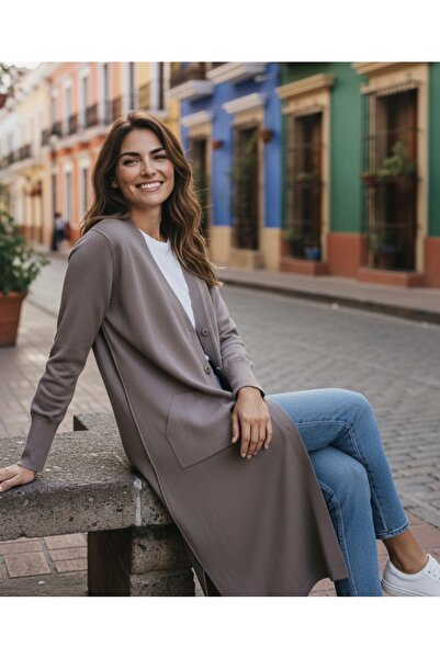 ECE GİYİM Women's Buttoned Front V-Neck Pocketed Seasonal Cardigan