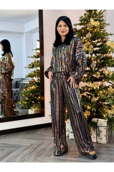RAMONA BADESCU EXCLUSIVE Women's Two-Piece Suit with Multicolored Sequins and Wide Leg Pants