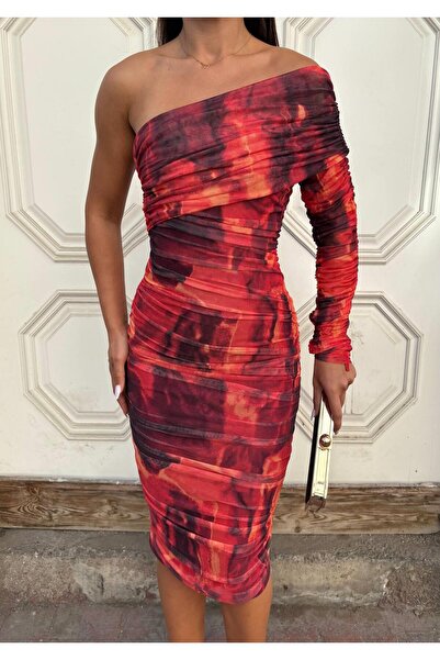 WOWBUTİK Drapeli Lined Tulle Fabric Single Sleeve Slim Fit Patterned Lycra Tulle Pencil Evening Dress 583326 Red