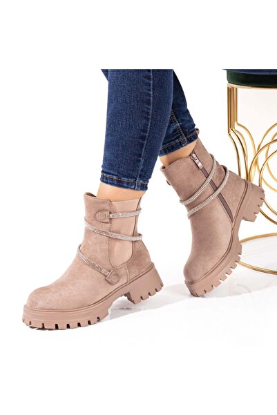 Modlet.ro Ghete de damă din piele întoarsă kaki cu detalii metalice MOD10716