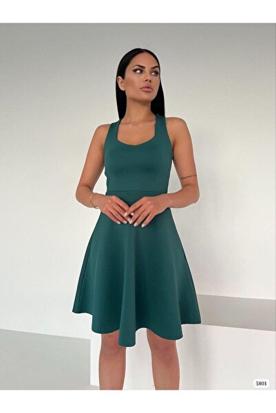 Modafeminen Thick Strap Back Lace Detail Scuba Fabric Dress 5801 Emerald