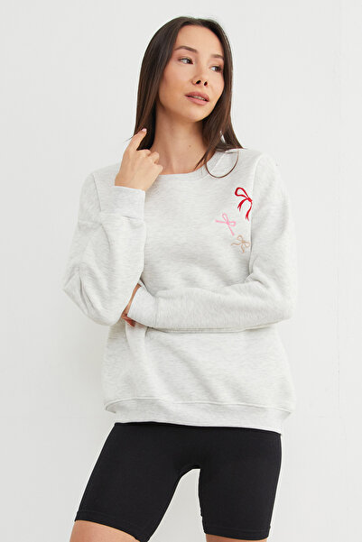 Fulla Moda 3 Thread Bow Embroidered Oversize Sweatshirt