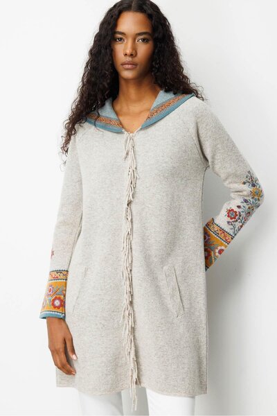 Desen Triko Women's Hooded Kilim Jacquard Tassel Wool Coat V.Beige