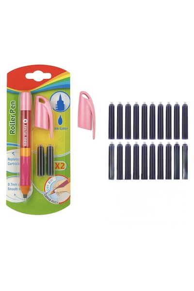 OEM Set Stilou cu varf tip Roller si 20 de rezerve albastre, fara penita, cu capac, Ideal pentru a incepe