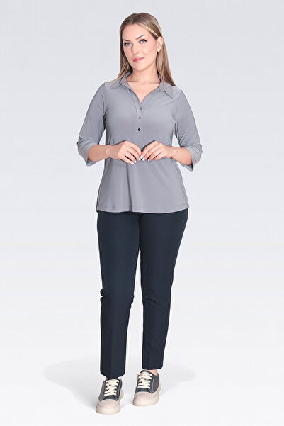 TOLGA SARAÇOĞLU 10692 Gray Polo Neck Three Quarter Sleeve Knitted Blouse