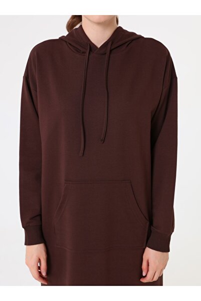 Benin Μακρύ φούτερ με κουκούλα με τσέπες καγκουρό - Καφέ -