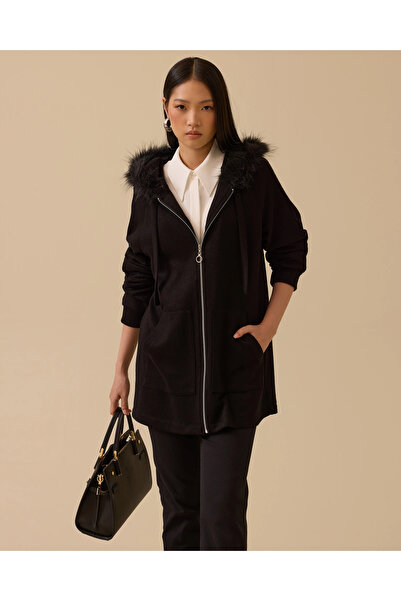 SCL Suni Kürk Kapüşonlu Fermuarlı Kap