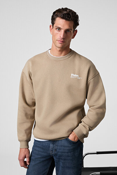 GRIMELANGE Ernest Men's Organic Cotton Soft Print Detailed Crew Neck Beige Sweatshirt with Fleece Inside