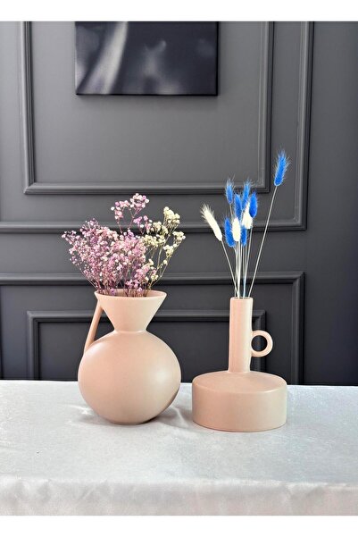 Smyrna Dekorasyon İskandinav Tarzı Viking 2'li Vazo Seti Çiçek Hediyeli - Mocha