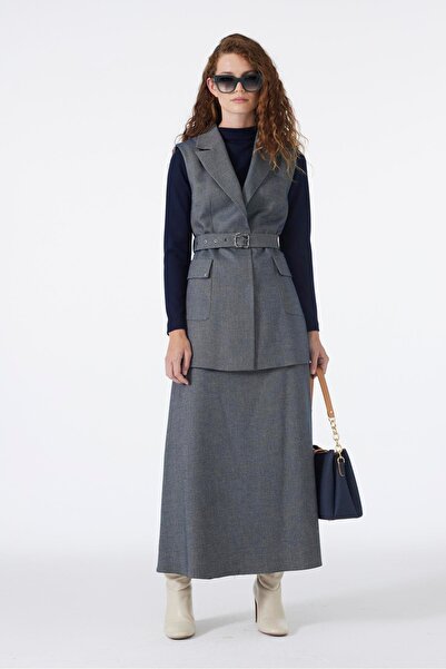 Zühre Double-Breasted Collar Belt and Pocket Detailed Indigo Combination Suit Tk-1693