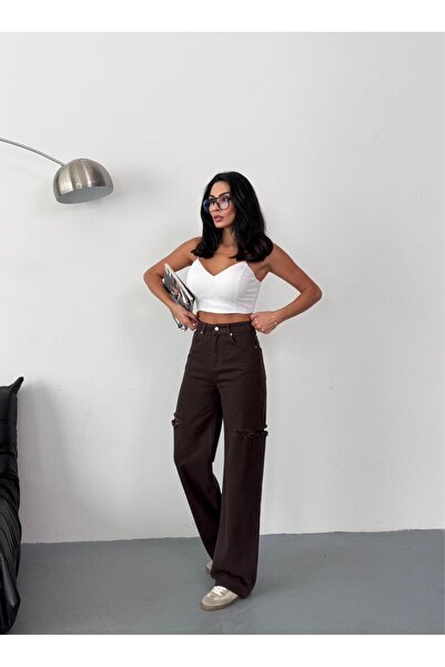 Zeo Basic KADIN KAHVERENGİ BAGGY JEAN YÜKSEK BEL KOT PANTOLON DENİM KUMAŞ YANLARDAN LAZERLİ