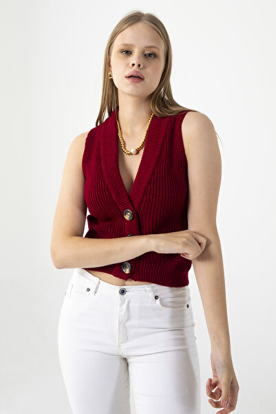 GİYSA Women's V-Neck Button-Up Knit Vest Burgundy - 25K 2210