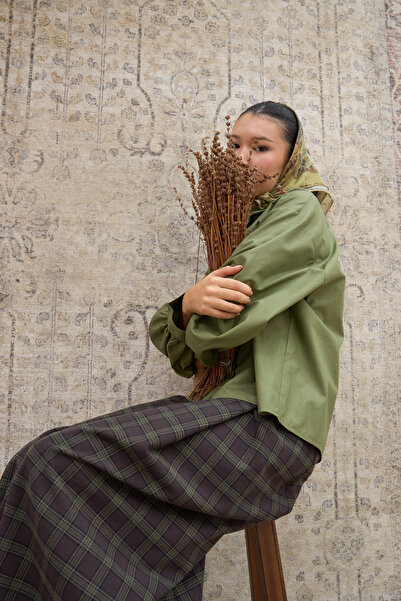KÜÇÜĞÜM BUTİK Brown Green Striped Plaid Pleated Skirt