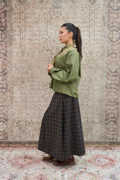 KÜÇÜĞÜM BUTİK Brown Green Striped Plaid Pleated Skirt