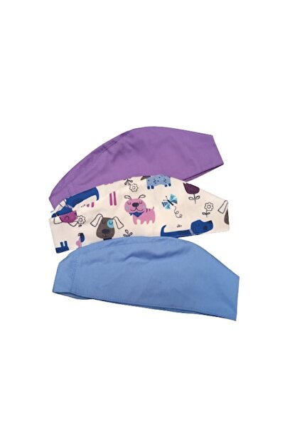 MariaCouture Medical caps trio pack Lila blue, Cotton/Terry, Purple, White with dog print/Blue, Universal size