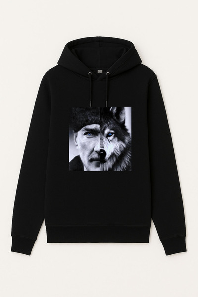 MODA هوديي للأطفال والكبار مطبوع عليه أتاتورك وور، باللون الأسود