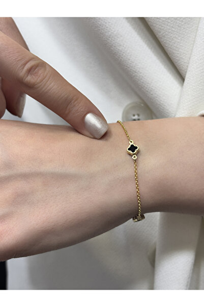 DİAMİNE PIRLANTA 14 Ayar Altın Mini Siyah Taşlı Yonca Bileklik