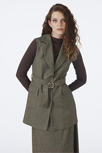 Zühre Double-Breasted Collar Belt and Pocket Detailed Brown Combination Suit Tk-1693